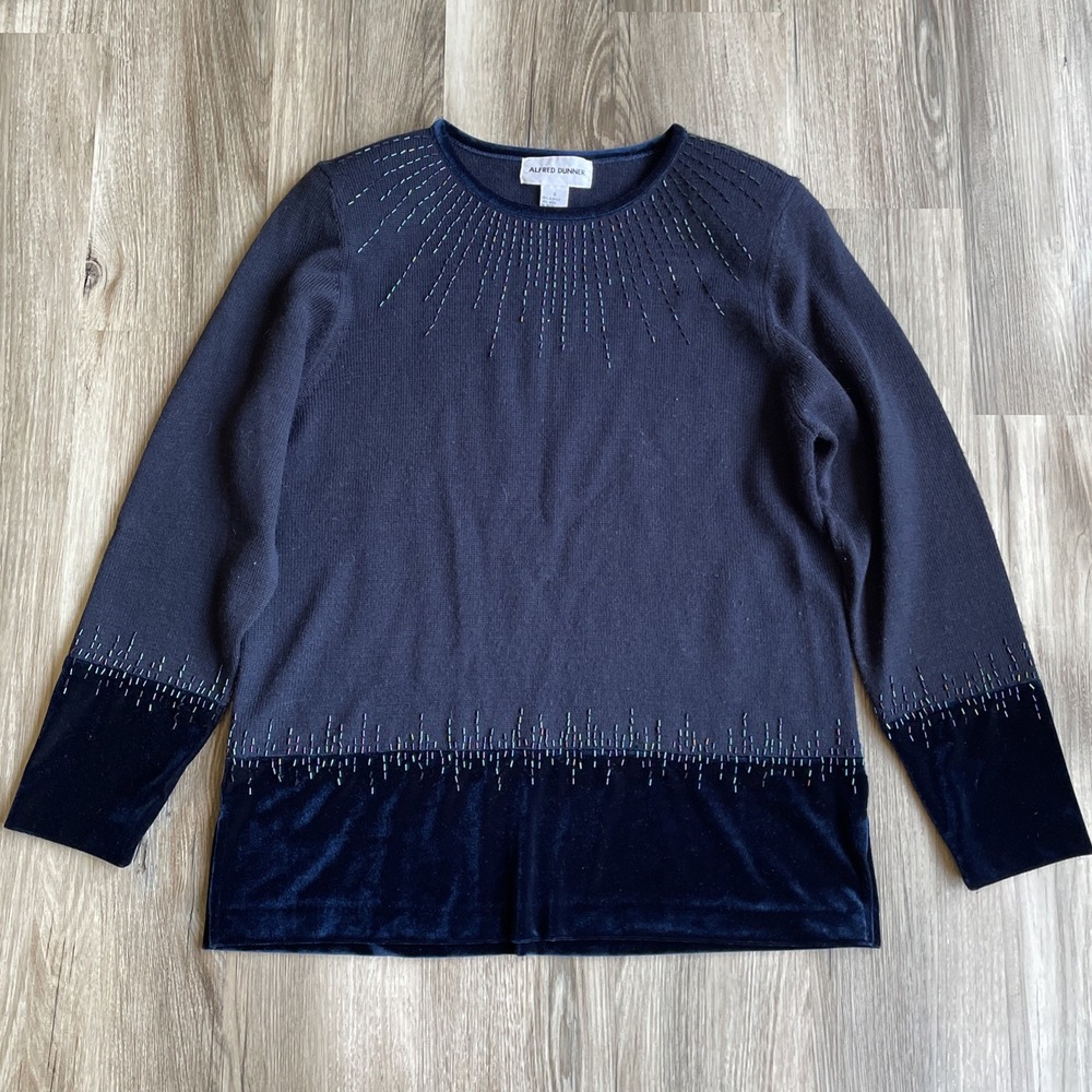 Vintage 90s Womens Sz S Navy Beaded‎ Velvet Wool Blend Tunic Sweater Elegant